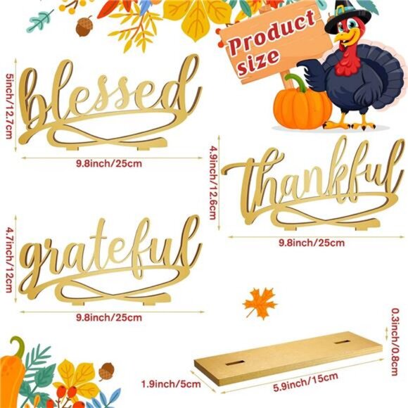 3 Pieces Thanksgiving Fall Letter Table Sign Thankful Grateful Blessed Standing - Picture 3 of 7